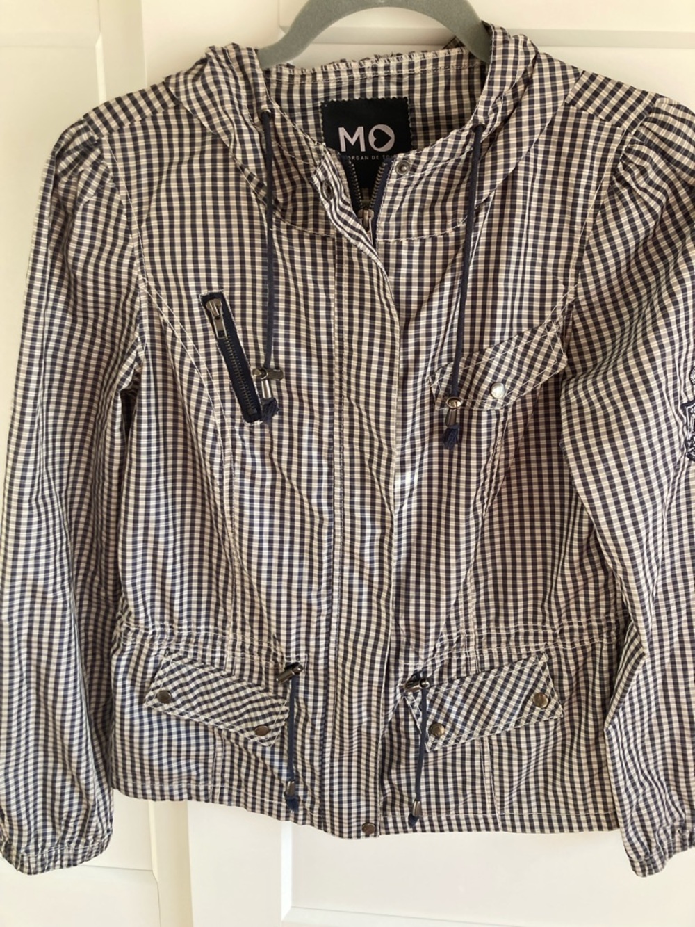 Morgan de Toi Navy and White Gingham Hooded Utility Jacket